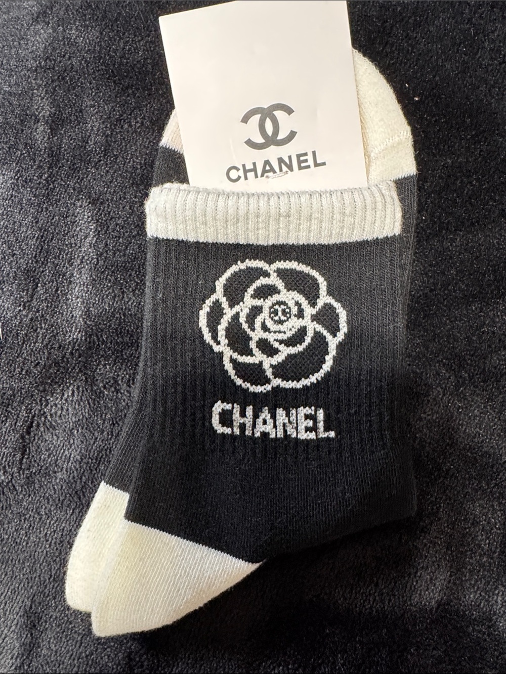 Source Unknown Black & White Camellia Logo Ankle Socks